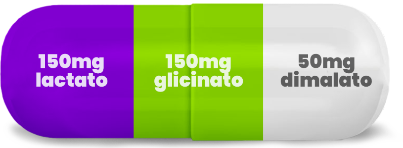 Cápsula mencionando que o Magnésio tem 150mg de lactato, 150mg de glicinato e 50mg de dimalato.